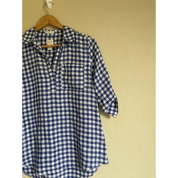 Chico's Size 0/Small/US 4 Blue White Buffalo Plaid Gingham No Iron 100% Linen Po - Picture 5 of 10